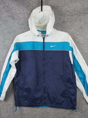 Nike Jacket Womens Medium White Blue Hooded Windbreaker Vintage Style Swoosh 90s